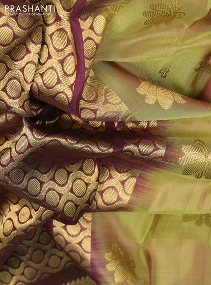 Venkatagiri silk saree dual shade of pista green and coffee brown with zari woven buttas and rich zari woven border