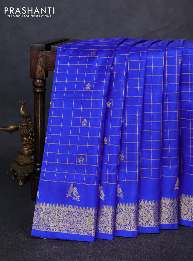 Venkatagiri silk saree royal blue with allover zari checks & buttas and silver zari woven border
