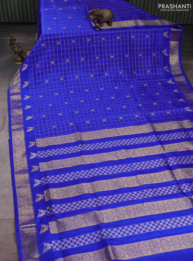 Venkatagiri silk saree royal blue with allover zari checks & buttas and silver zari woven border
