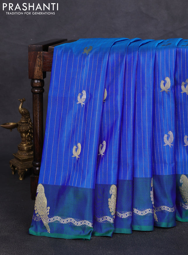 Venkatagiri silk saree dual shade of blue and dual shade of green with allover zari weaves & buttas and gold & silver zari woven parrot border