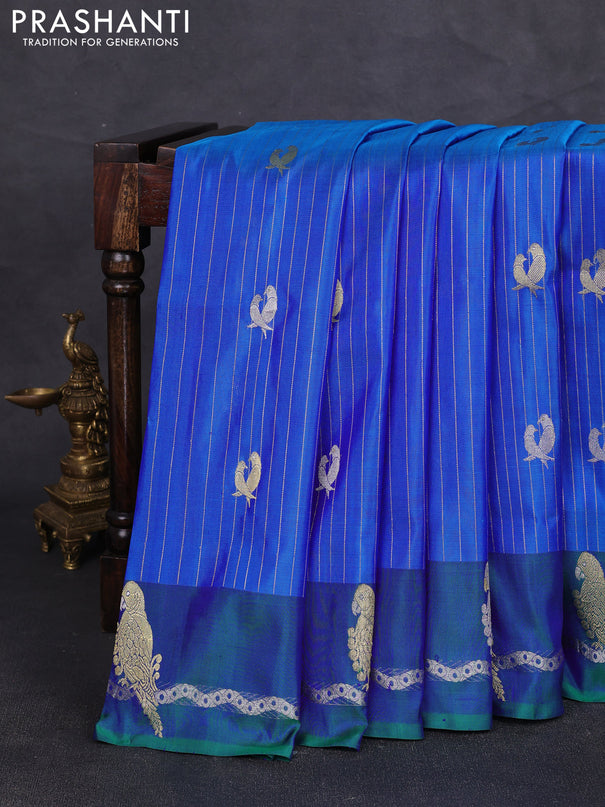 Venkatagiri silk saree dual shade of blue and dual shade of green with allover zari weaves & buttas and gold & silver zari woven parrot border