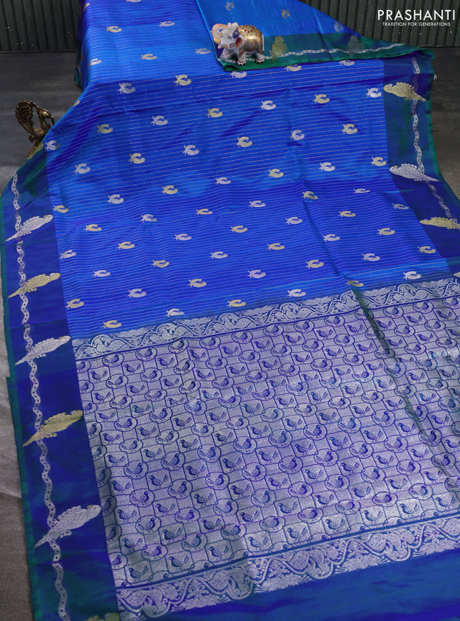 Venkatagiri silk saree dual shade of blue and dual shade of green with allover zari weaves & buttas and gold & silver zari woven parrot border