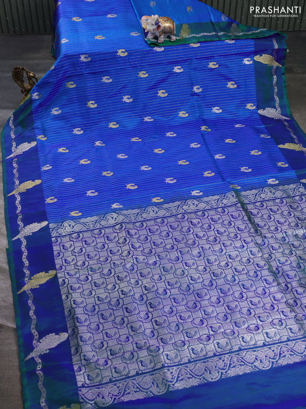 Venkatagiri silk saree dual shade of blue and dual shade of green with allover zari weaves & buttas and gold & silver zari woven parrot border