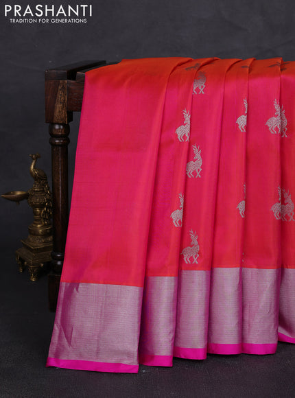 Venkatagiri silk saree dual shade of pinkish orange and pink with silver zari woven buttas and silver zari woven border