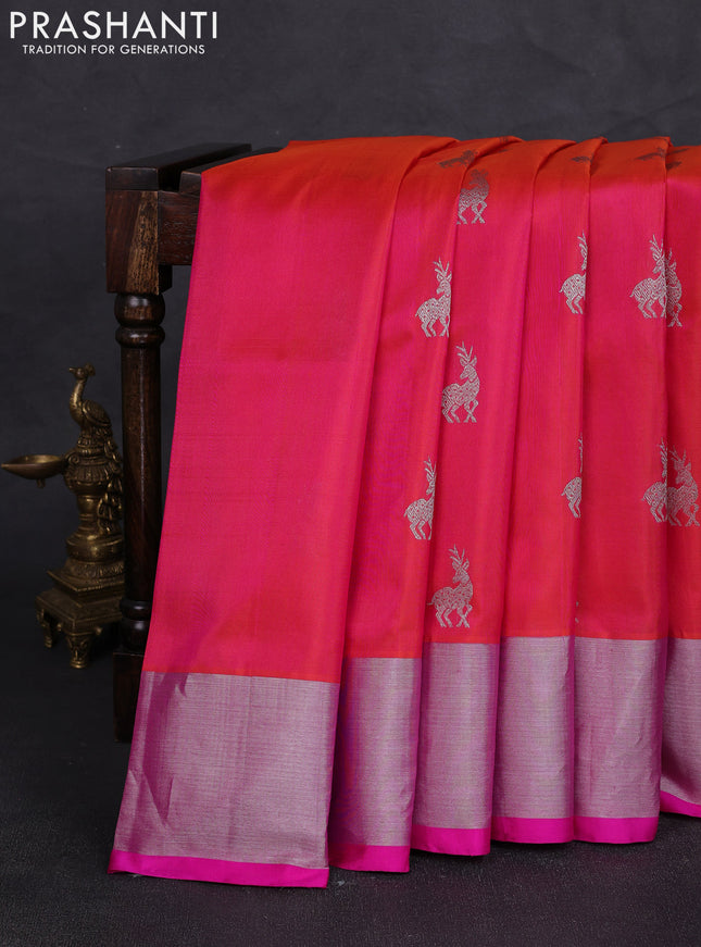 Venkatagiri silk saree dual shade of pinkish orange and pink with silver zari woven buttas and silver zari woven border