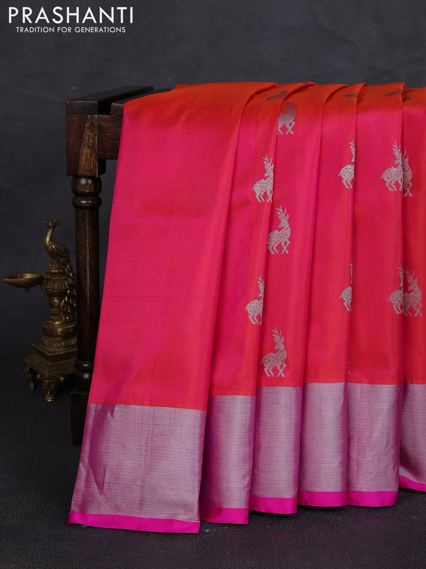 Venkatagiri silk saree dual shade of pinkish orange and pink with silver zari woven buttas and silver zari woven border