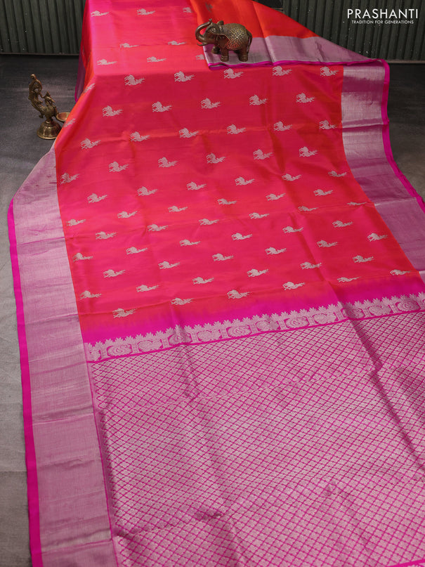 Venkatagiri silk saree dual shade of pinkish orange and pink with silver zari woven buttas and silver zari woven border