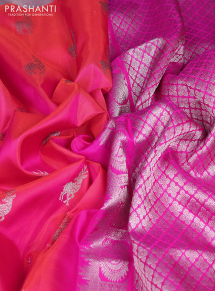 Venkatagiri silk saree dual shade of pinkish orange and pink with silver zari woven buttas and silver zari woven border