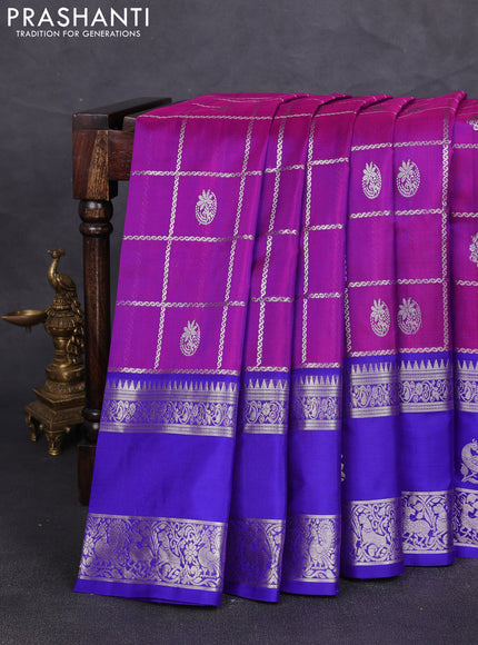 Venkatagiri silk saree purple and blue with allover silver zari checks & buttas and long silver zari woven annam butta border
