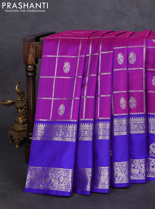 Venkatagiri silk saree purple and blue with allover silver zari checks & buttas and long silver zari woven annam butta border