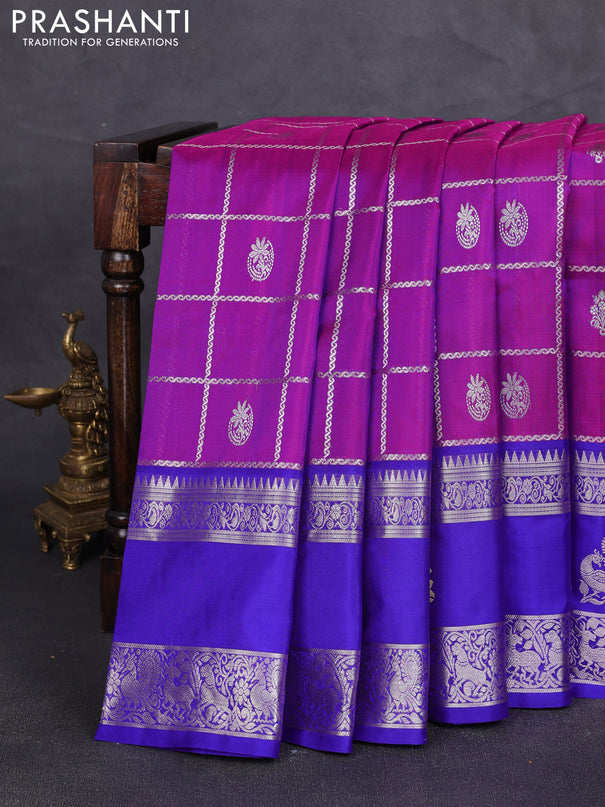 Venkatagiri silk saree purple and blue with allover silver zari checks & buttas and long silver zari woven annam butta border