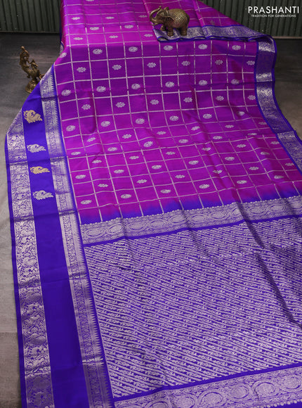 Venkatagiri silk saree purple and blue with allover silver zari checks & buttas and long silver zari woven annam butta border
