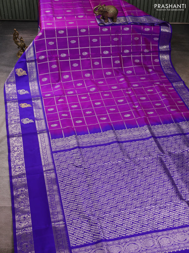Venkatagiri silk saree purple and blue with allover silver zari checks & buttas and long silver zari woven annam butta border