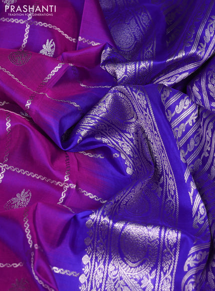 Venkatagiri silk saree purple and blue with allover silver zari checks & buttas and long silver zari woven annam butta border