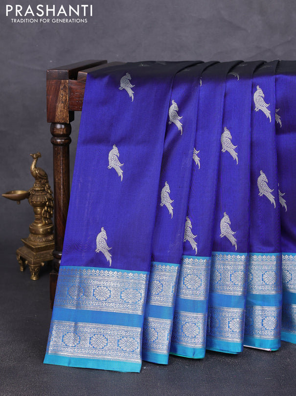 Venkatagiri silk saree blue and teal blue with allover silver zari woven buttas and rettapet silver zari woven border