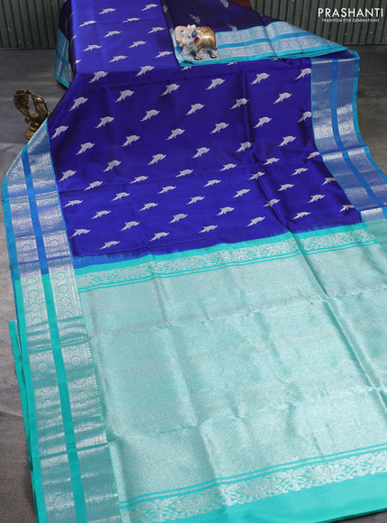Venkatagiri silk saree blue and teal blue with allover silver zari woven buttas and rettapet silver zari woven border