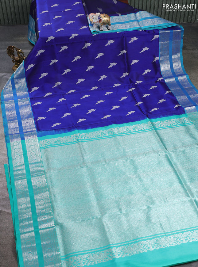 Venkatagiri silk saree blue and teal blue with allover silver zari woven buttas and rettapet silver zari woven border