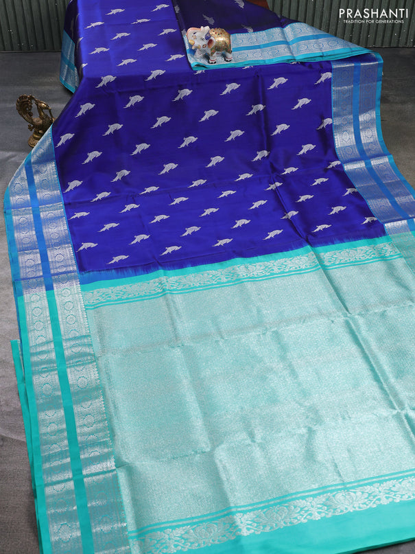Venkatagiri silk saree blue and teal blue with allover silver zari woven buttas and rettapet silver zari woven border