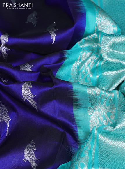 Venkatagiri silk saree blue and teal blue with allover silver zari woven buttas and rettapet silver zari woven border