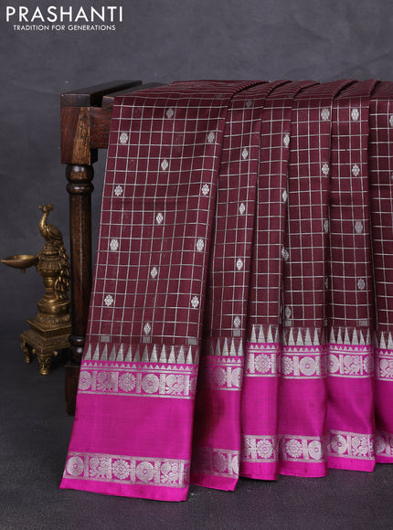 Venkatagiri silk saree coffee brown and pink with allover silver zari checks & buttas and temple rettapet zari woven border