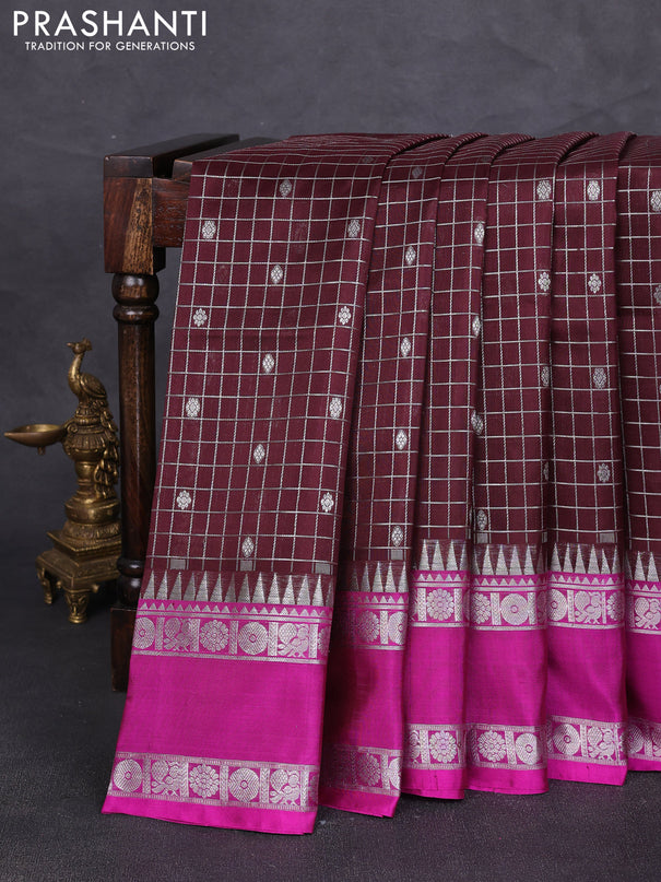 Venkatagiri silk saree coffee brown and pink with allover silver zari checks & buttas and temple rettapet zari woven border