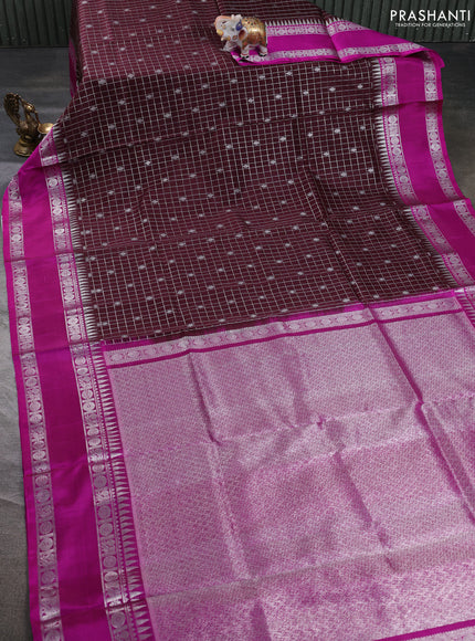 Venkatagiri silk saree coffee brown and pink with allover silver zari checks & buttas and temple rettapet zari woven border