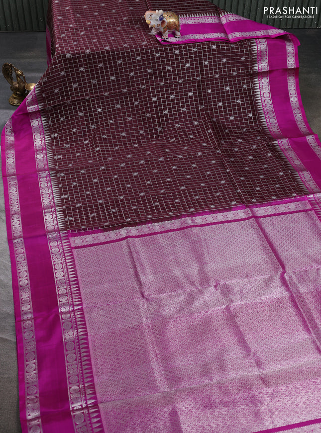Venkatagiri silk saree coffee brown and pink with allover silver zari checks & buttas and temple rettapet zari woven border