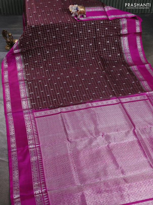 Venkatagiri silk saree coffee brown and pink with allover silver zari checks & buttas and temple rettapet zari woven border