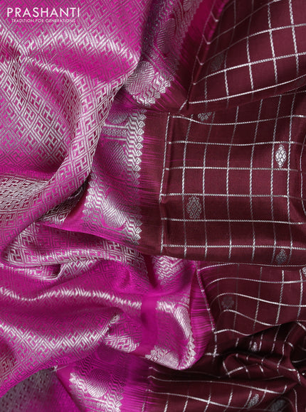 Venkatagiri silk saree coffee brown and pink with allover silver zari checks & buttas and temple rettapet zari woven border
