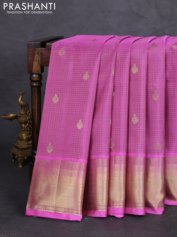 Venkatagiri silk saree mauve pink with allover small zari checks & buttas and temple zari woven border