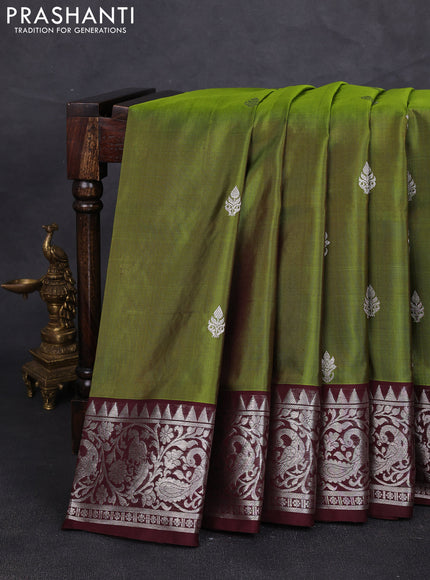 Venkatagiri silk saree mehendi green and coffee brown with silver zari woven buttas and peacock silver zari woven border