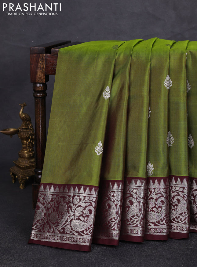 Venkatagiri silk saree mehendi green and coffee brown with silver zari woven buttas and peacock silver zari woven border