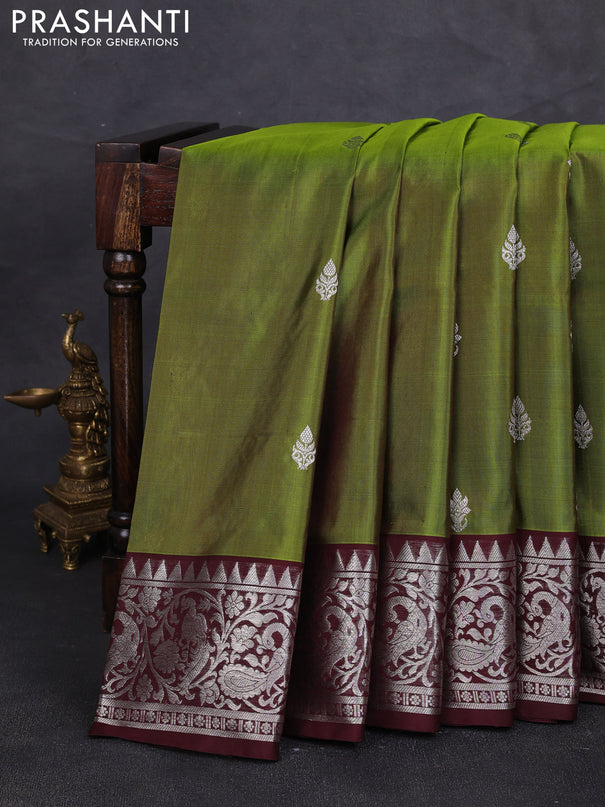 Venkatagiri silk saree mehendi green and coffee brown with silver zari woven buttas and peacock silver zari woven border