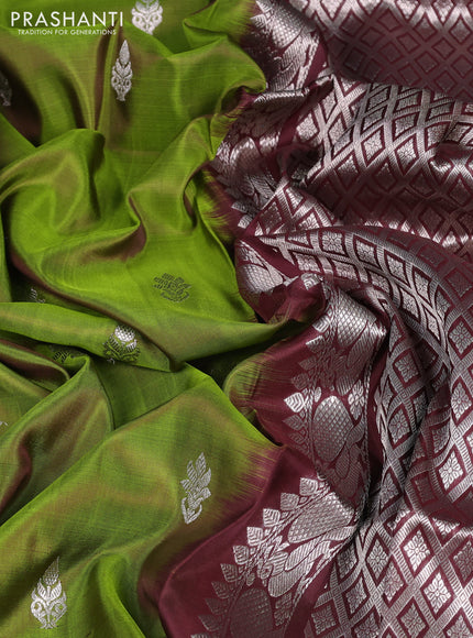 Venkatagiri silk saree mehendi green and coffee brown with silver zari woven buttas and peacock silver zari woven border