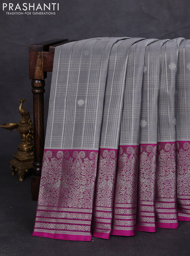 Venkatagiri silk saree grey and dark magenta pink with allover silver zari checks & buttas and long silver zari woven border