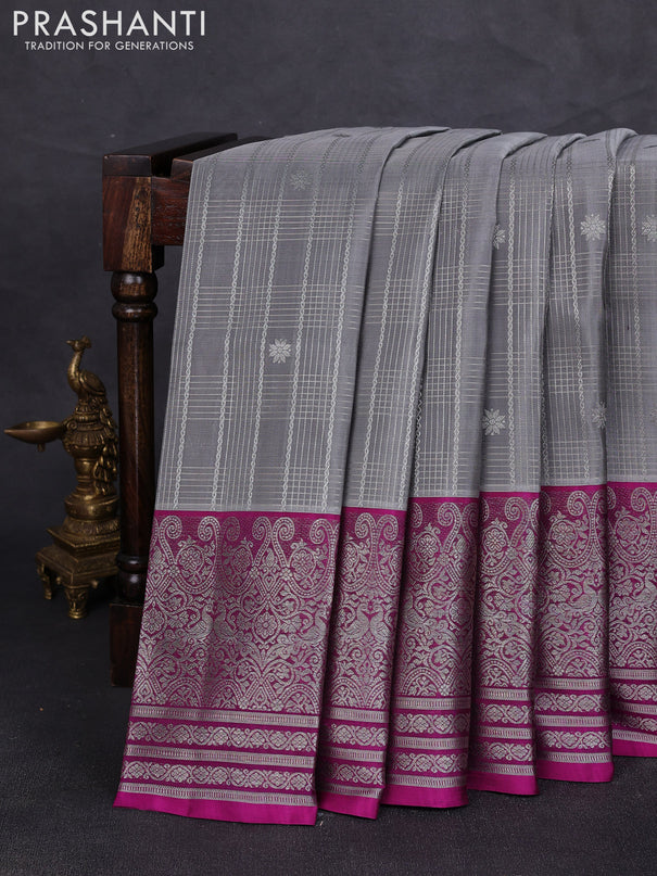 Venkatagiri silk saree grey and dark magenta pink with allover silver zari checks & buttas and long silver zari woven border