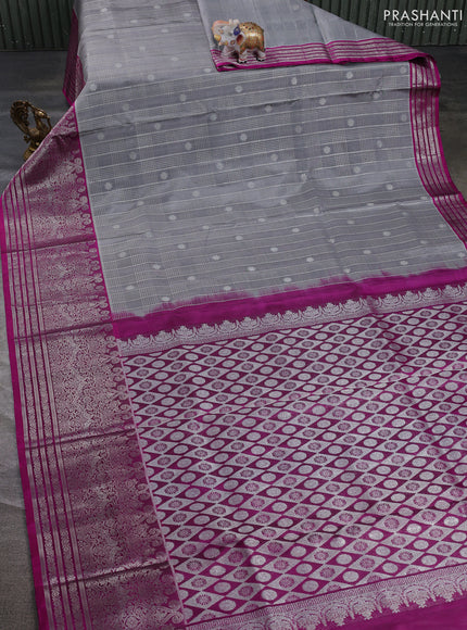 Venkatagiri silk saree grey and dark magenta pink with allover silver zari checks & buttas and long silver zari woven border