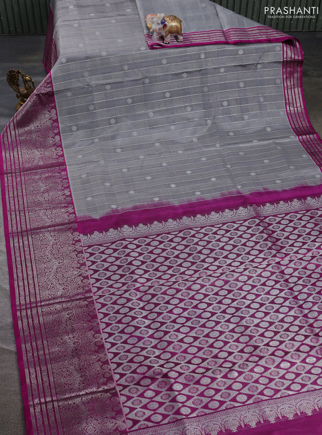 Venkatagiri silk saree grey and dark magenta pink with allover silver zari checks & buttas and long silver zari woven border