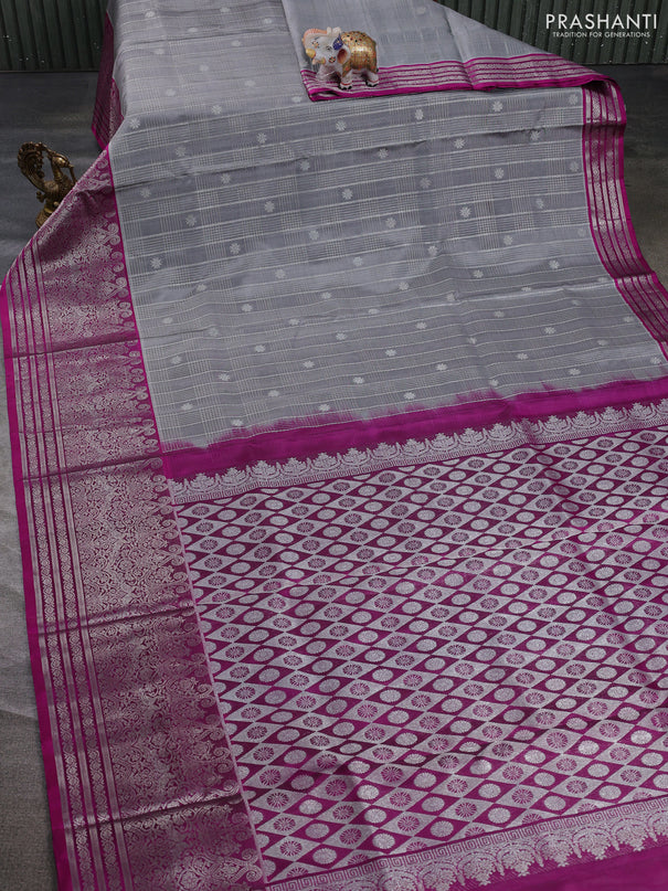 Venkatagiri silk saree grey and dark magenta pink with allover silver zari checks & buttas and long silver zari woven border