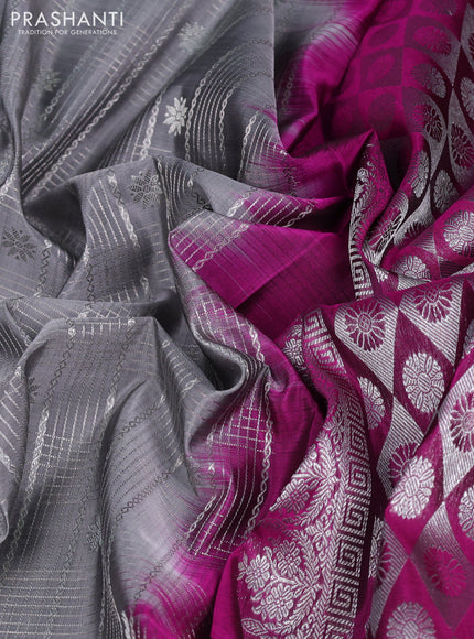 Venkatagiri silk saree grey and dark magenta pink with allover silver zari checks & buttas and long silver zari woven border