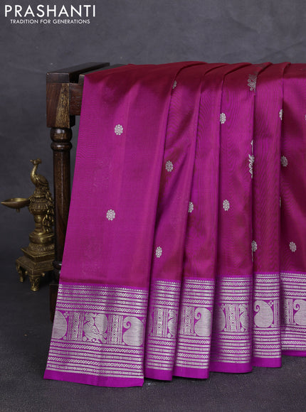 Venkatagiri silk saree dual shade of maroon and purple with silver zari woven buttas and silver zari woven border