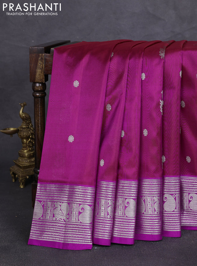 Venkatagiri silk saree dual shade of maroon and purple with silver zari woven buttas and silver zari woven border