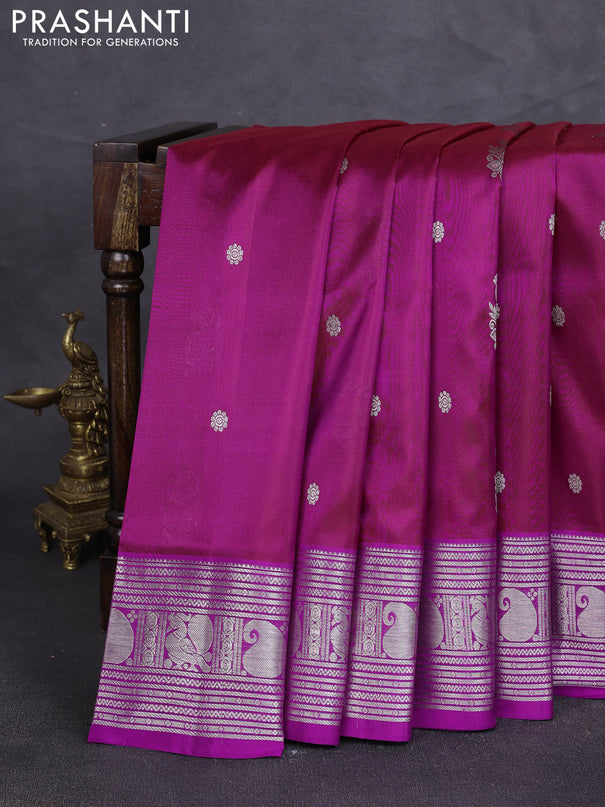 Venkatagiri silk saree dual shade of maroon and purple with silver zari woven buttas and silver zari woven border