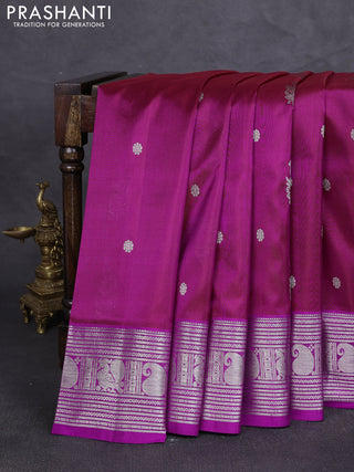 Venkatagiri silk saree dual shade of maroon and purple with silver zari woven buttas and silver zari woven border