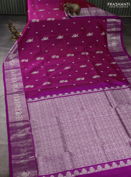 Venkatagiri silk saree dual shade of maroon and purple with silver zari woven buttas and silver zari woven border