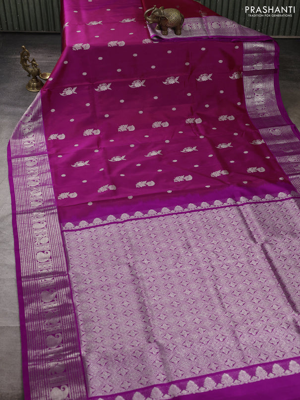 Venkatagiri silk saree dual shade of maroon and purple with silver zari woven buttas and silver zari woven border