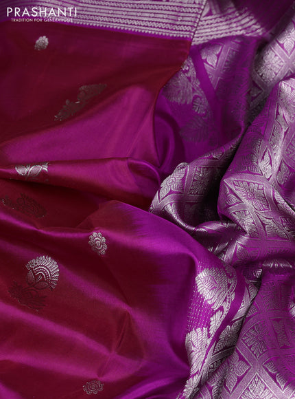 Venkatagiri silk saree dual shade of maroon and purple with silver zari woven buttas and silver zari woven border