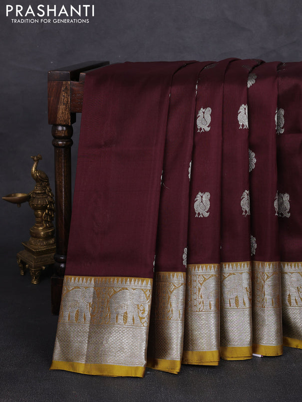 Venkatagiri silk saree coffee brown and mustard green with silver zari woven buttas and elephant silver zari woven border