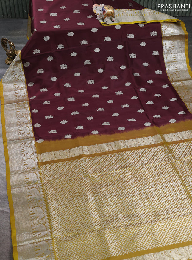 Venkatagiri silk saree coffee brown and mustard green with silver zari woven buttas and elephant silver zari woven border