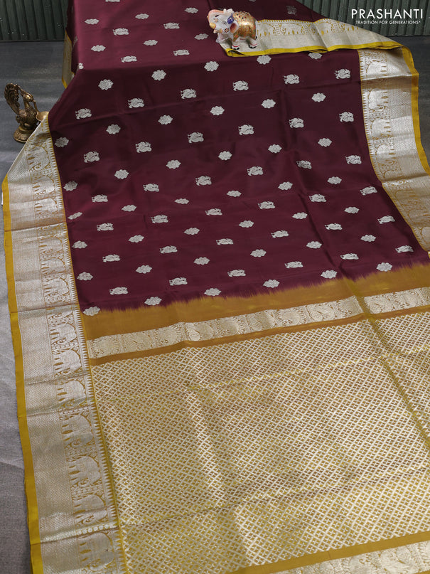 Venkatagiri silk saree coffee brown and mustard green with silver zari woven buttas and elephant silver zari woven border